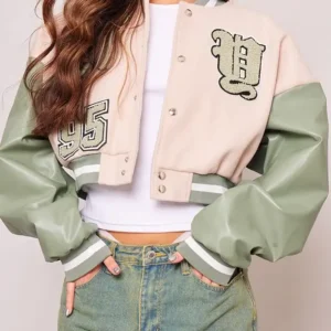 cream faux leather contrast sleeve graphic bomber jacket Front