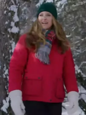 Jill Wagner Christmas Under the Northern Lights Red Puffer Jacket