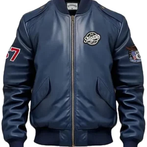 Leon Stegaro Navy Blue Bomber Leather Jacket