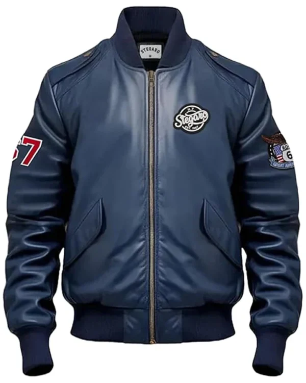 Leon Stegaro Navy Blue Bomber Leather Jacket