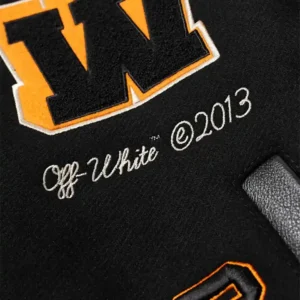 Off White Black Leather Varsity Jacket Front