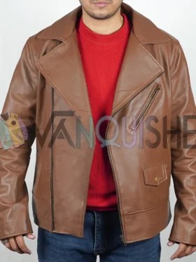 Rami Malek The Amateur Brown Leather Jacket front open
