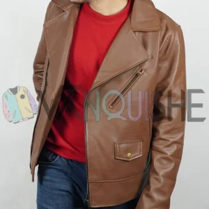 Rami Malek The Amateur Brown Leather Jacket left curvy