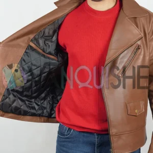 Rami Malek The Amateur Brown Leather Jacket right open