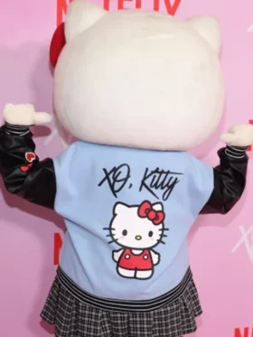 XO Kitty Blue and Black Leather Varsity Jacket For Sale