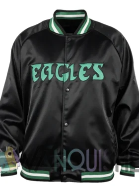 Aracely Philadelphia Eagles Black Satin Varsity Jacket front
