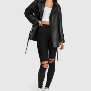 BFF Belted Peplum Leather Jacket For Womens Stand Up