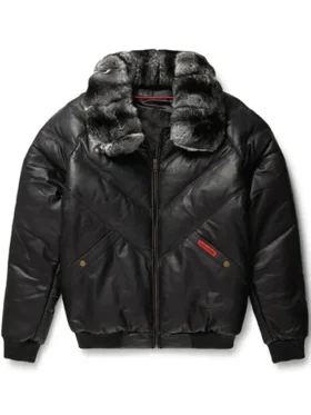 Black Fur Leather Bomber Jacket
