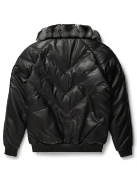 Black Fur Leather Bomber Jacket For Sale