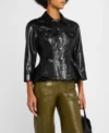 Black Womens Leather Trucker Peplum Jacket Side