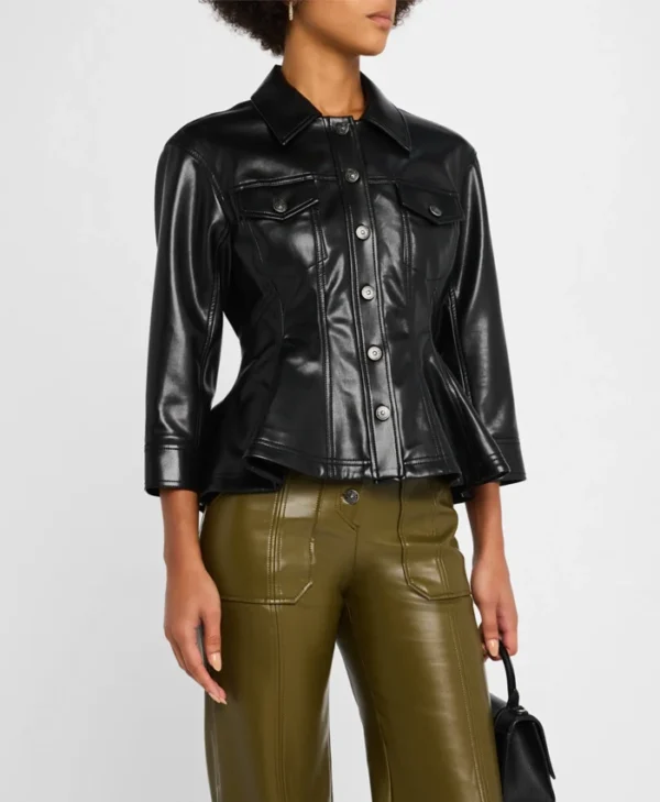 Black Womens Leather Trucker Peplum Jacket Side
