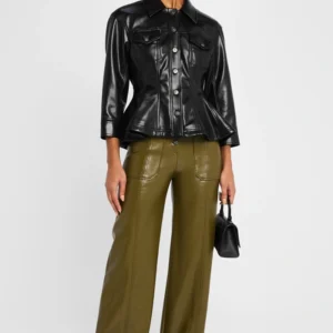 Black Womens Leather Trucker Peplum Jacket Stand Up