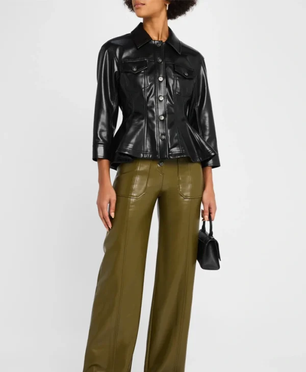 Black Womens Leather Trucker Peplum Jacket Stand Up