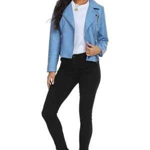 Blue Womens Leather Asymmetrical Collar Biker Jacket Stand Up