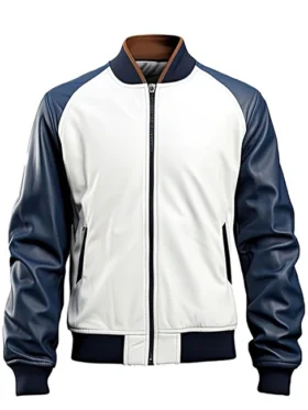 Blue and White Leather Bomber Jacket