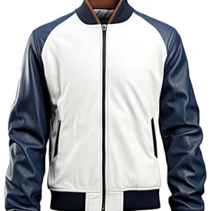 Blue and White Leather Bomber Jacket