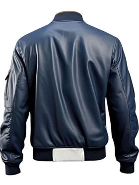 Blue and White Leather Bomber Jacket For Sale