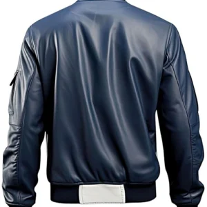 Blue and White Leather Bomber Jacket For Sale