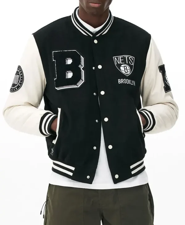 Brooklyn Nets Black And White Wool Varsity Jacket