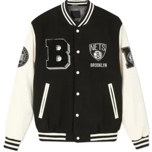 Brooklyn Nets Black And White Wool Varsity Jacket Front