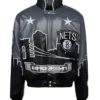 Brooklyn Nets Black Leather Bomber Jacket
