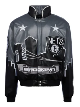 Brooklyn Nets Black Leather Bomber Jacket