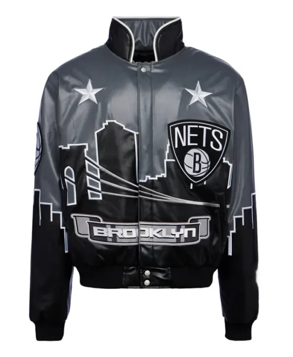 Brooklyn Nets Black Leather Bomber Jacket
