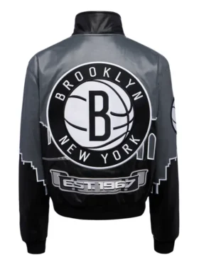 Brooklyn Nets Black Leather Bomber Jacket Back