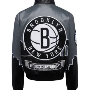 Brooklyn Nets Black Leather Bomber Jacket Back