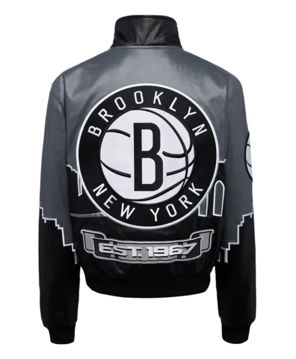 Brooklyn Nets Black Leather Bomber Jacket Back