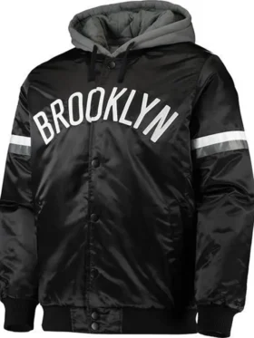 Brooklyn Nets Black Satin Bomber Hoodie Jacket