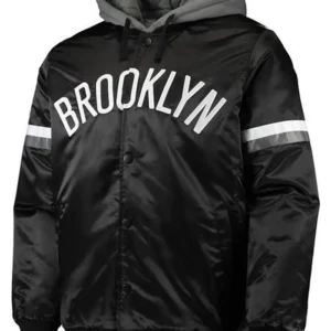 Brooklyn Nets Black Satin Bomber Hoodie Jacket
