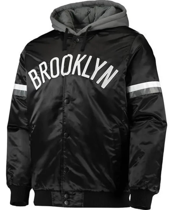Brooklyn Nets Black Satin Bomber Hoodie Jacket