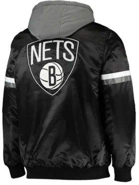 Brooklyn Nets Black Satin Bomber Hoodie Jacket Back