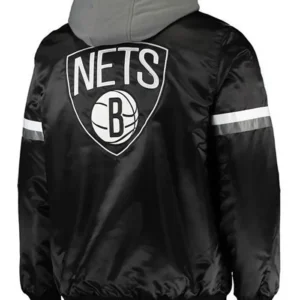 Brooklyn Nets Black Satin Bomber Hoodie Jacket Back