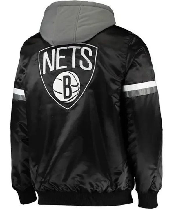 Brooklyn Nets Black Satin Bomber Hoodie Jacket Back
