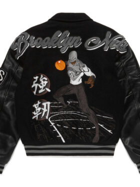 Brooklyn Nets Black Wool Bomber Jacket Back