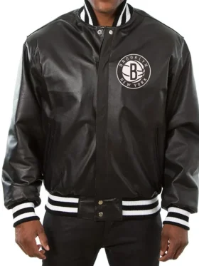 Brooklyn Nets Leather Bomber Black Full Snap Jacket