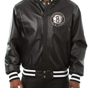 Brooklyn Nets Leather Bomber Black Full Snap Jacket
