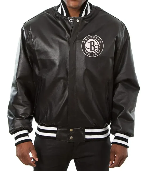 Brooklyn Nets Leather Bomber Black Full Snap Jacket