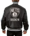 Brooklyn Nets Leather Bomber Black Full Snap Jacket Back