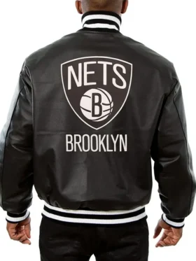 Brooklyn Nets Leather Bomber Black Full Snap Jacket Back
