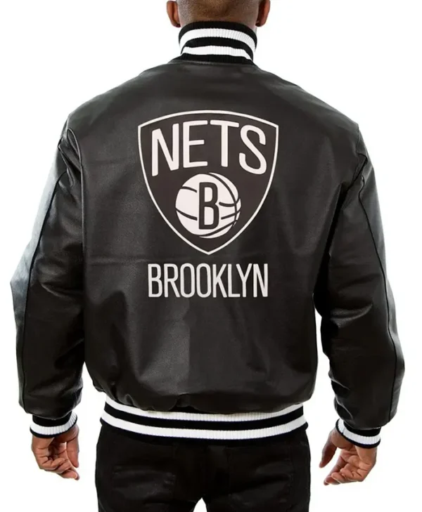 Brooklyn Nets Leather Bomber Black Full Snap Jacket Back