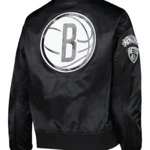Brooklyn Nets Satin Black Bomber Jacket Back