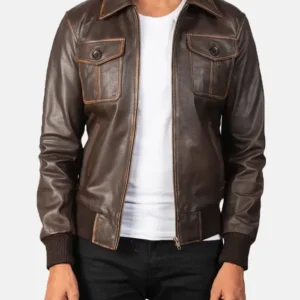 Brown Mens Vintage Leather Bomber Jacket Main