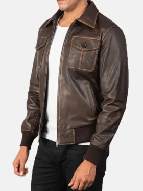 Brown Mens Vintage Leather Bomber Jacket Side