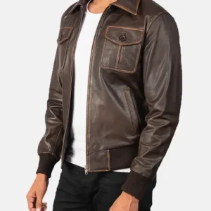 Brown Mens Vintage Leather Bomber Jacket Side