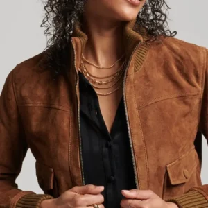 Buy Now Classic Cropped Brown Suede Bomber Jacket