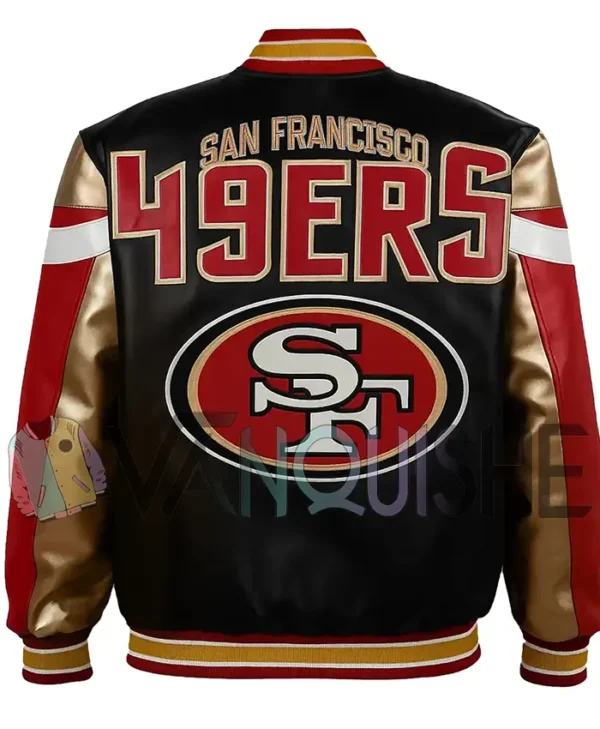 Carrie San Francisco 49ers Black Leather Varsity Jacket back