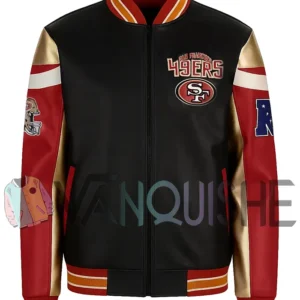 Carrie San Francisco 49ers Black Leather Varsity Jacket front